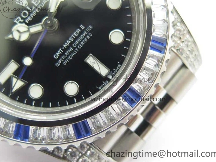 MiroTime 0401 GMT-Master II White Blue Diamonds Bezel 904L Steel GMF Best Edition Black Dial On Jubilee Bracelet SA3285 CHS V Original 2579